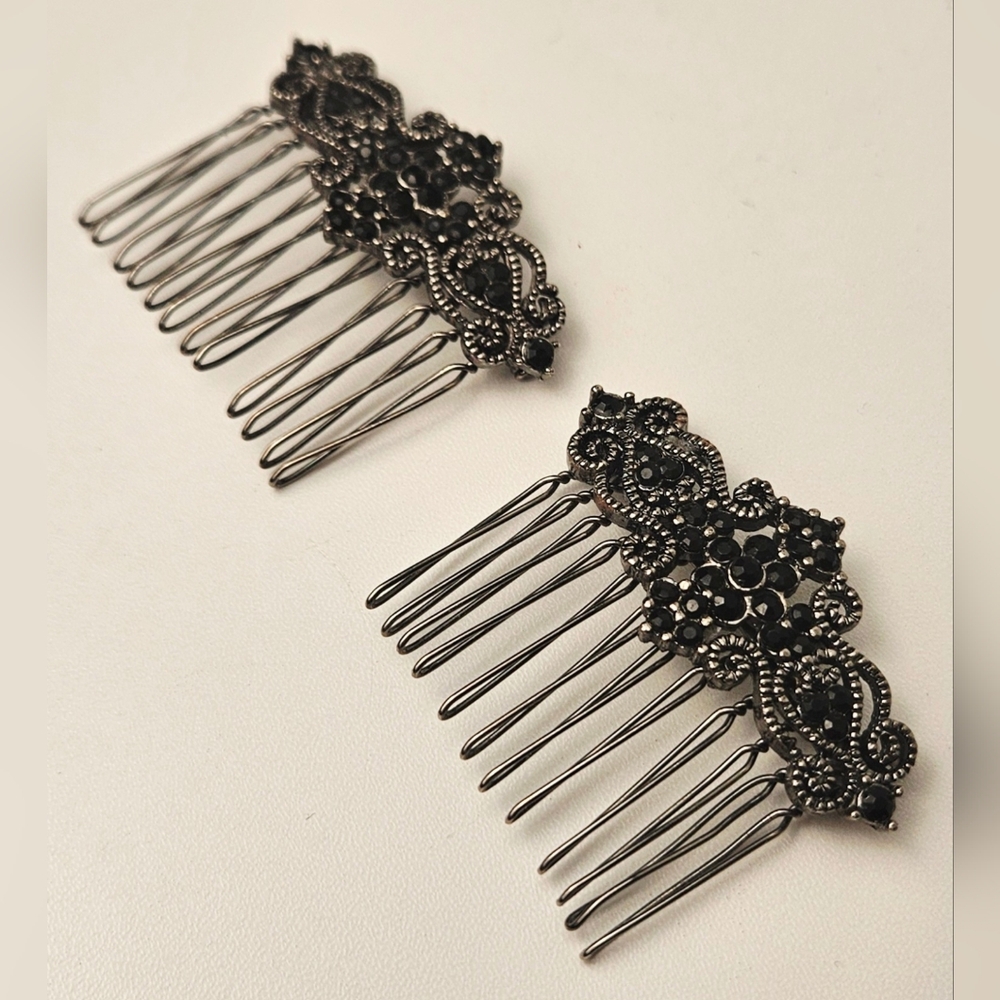Vintage Black Rhinestone Filigree Hair Combs Set of 2 - Picture 6 of 7